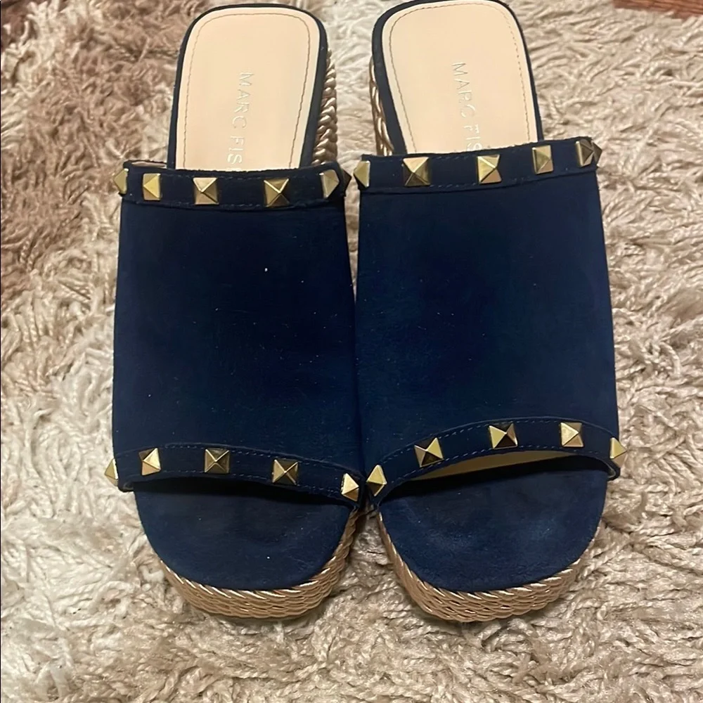 Marc Fisher Blue and Gold Studded Mules - Picture 1 of 5